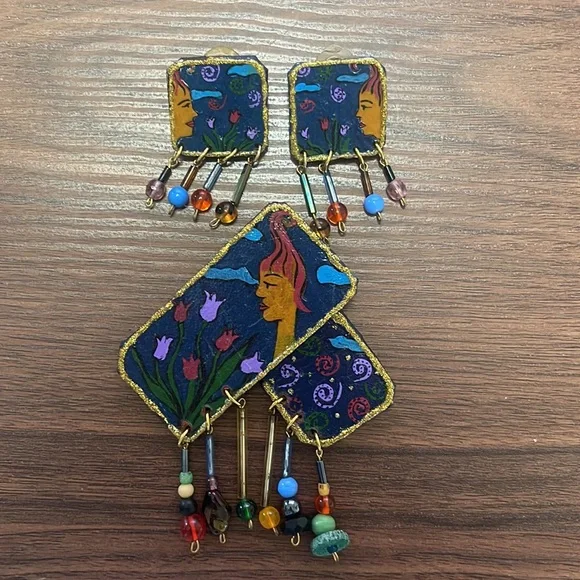 Vintage Hand Painted Genuine Leather Artisan Brooch & Earring Set